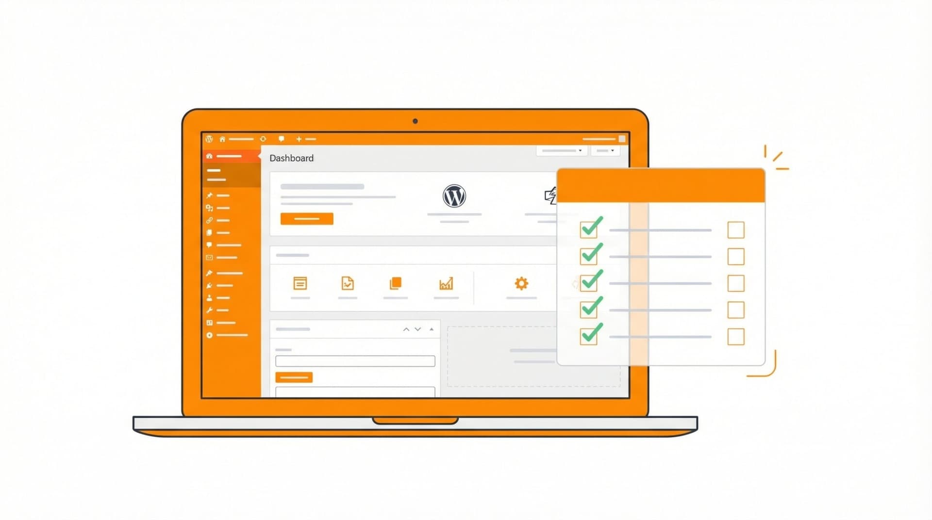 Checklist après installation WordPress : tableau de bord avec liste de vérification