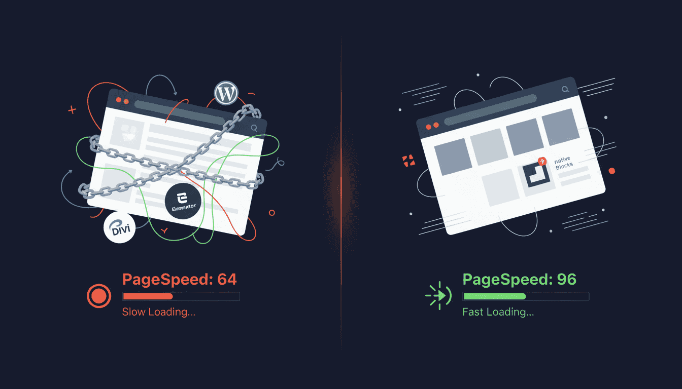 Comparaison visuelle : site WordPress avec constructeur de pages (PageSpeed 64, chaînes) versus site natif (PageSpeed 96, léger)