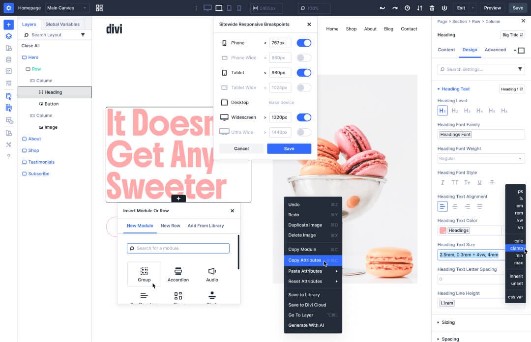 Interface du Visual Builder Divi 5 avec panneaux dockables et mode sombre