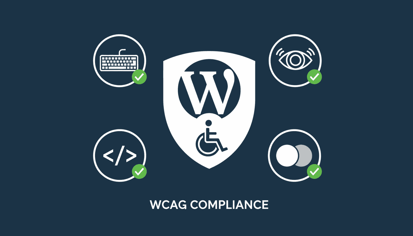 Accessibilite WordPress : logo WordPress avec bouclier accessibilite, icones clavier, lecteur ecran, contraste couleurs et code semantique