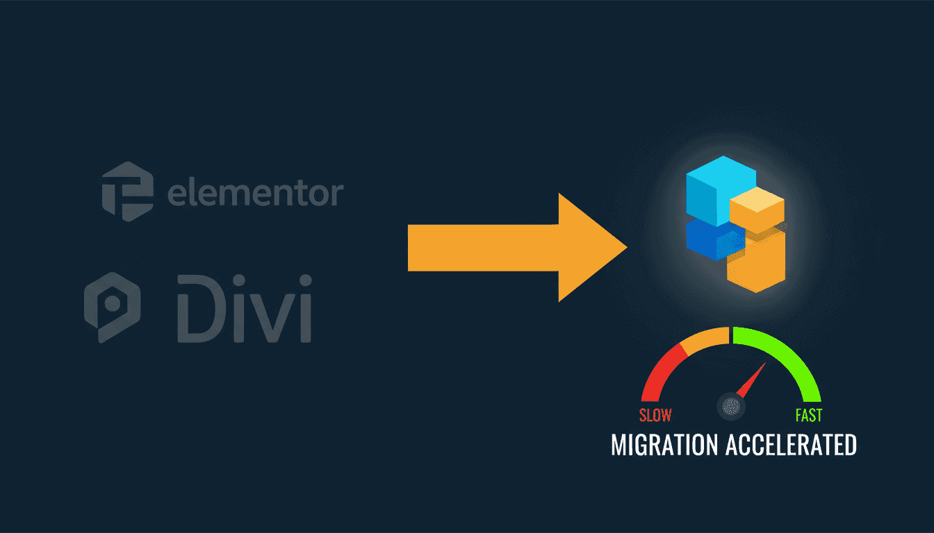 Migration Elementor et Divi vers Gutenberg : fleche de transition avec logos page builders et blocs Gutenberg, indicateur de performance