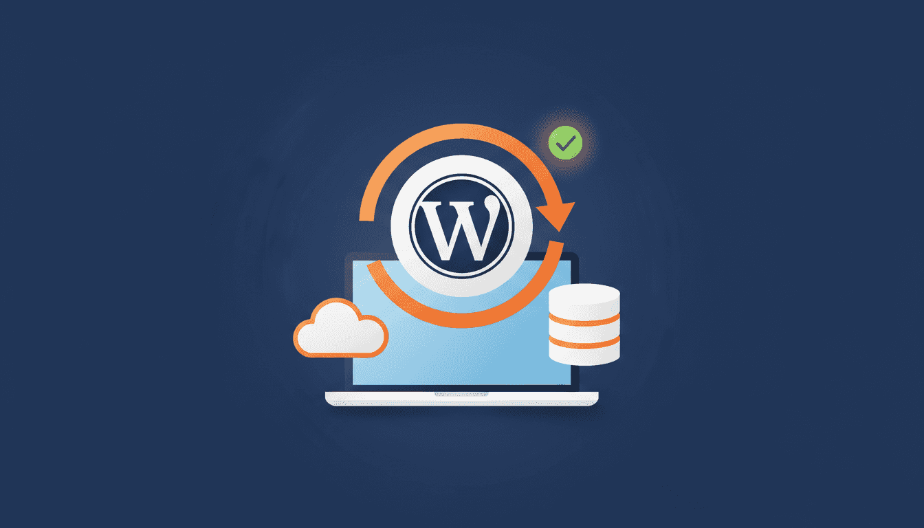 Sauvegardes WordPress : illustration avec logo WordPress, symbole backup circulaire, cloud et base de donnees