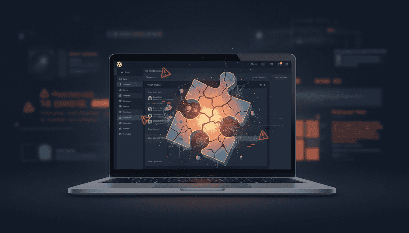 Plugin WordPress abandonné avec fissures et toiles d'araignée sur un écran de tableau de bord WordPress
