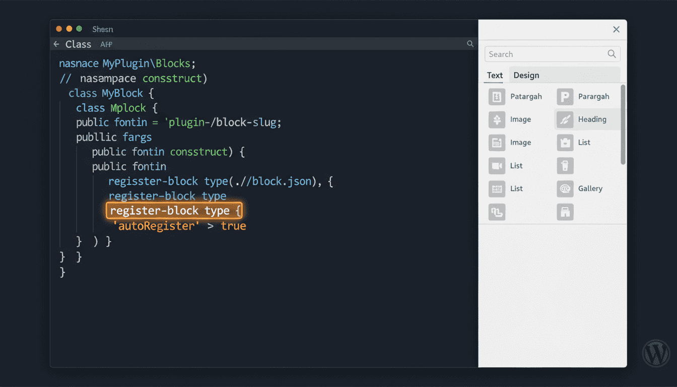 Editeur PHP avec code autoRegister et panneau de blocs Gutenberg WordPress