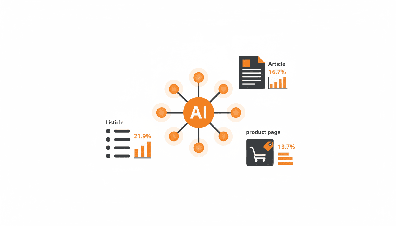 Infographie des 3 types de contenu les plus cités par les IA : listicles 21,9%, articles 16,7%, pages produit 13,7%