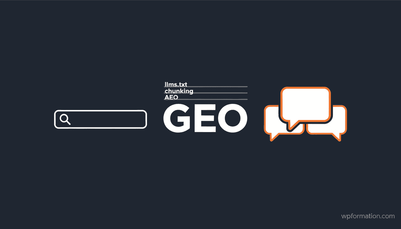 Schéma éditorial : barre de recherche Google à gauche, mot GEO au centre avec llms.txt, chunking et AEO barrés au-dessus, bulles de chat IA à droite, sur fond bleu nuit