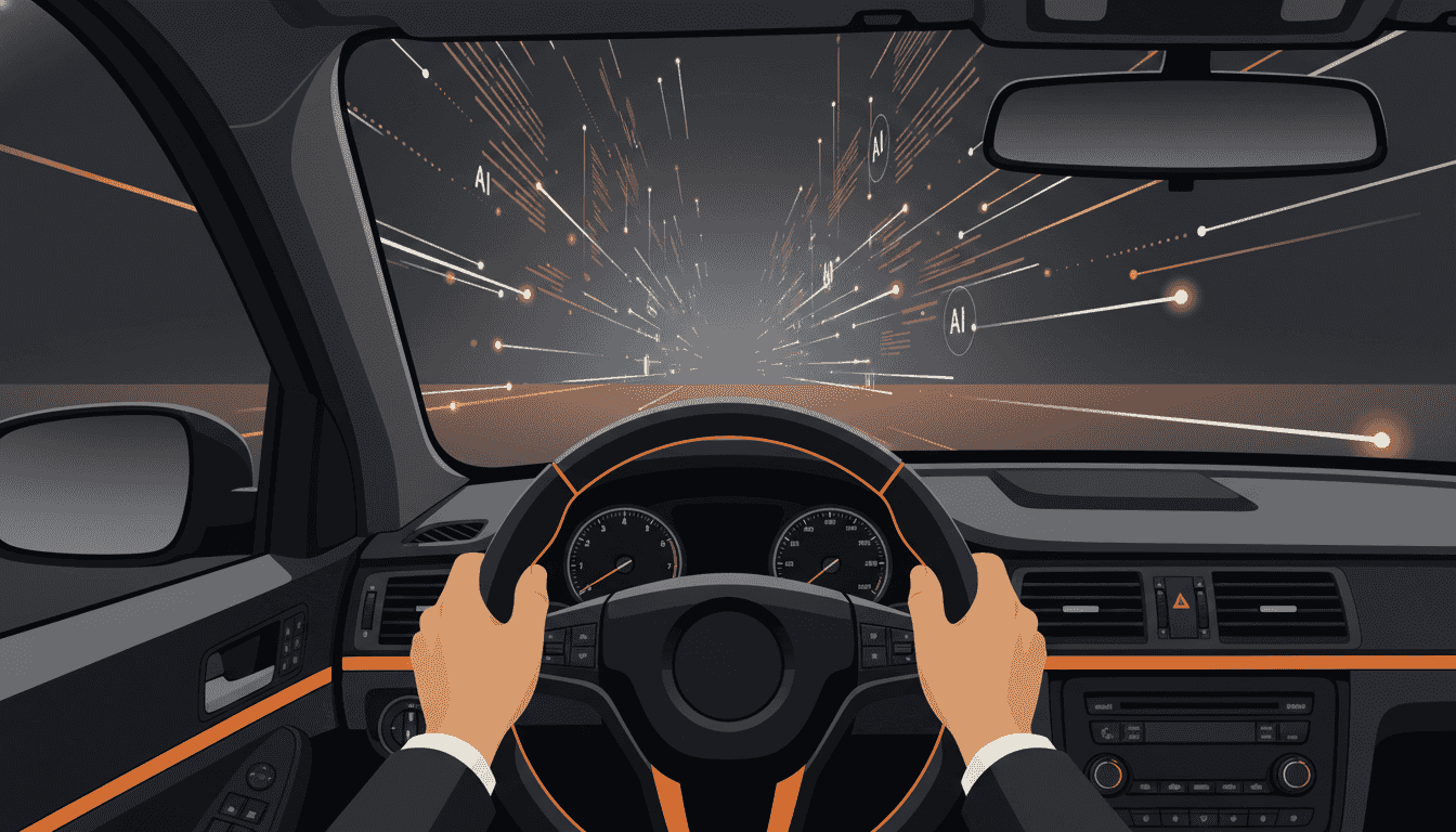 Vue première personne d'un conducteur qui tient fermement un volant de voiture, avec des lignes lumineuses orange symbolisant l'intelligence artificielle qui défilent vers l'horizon