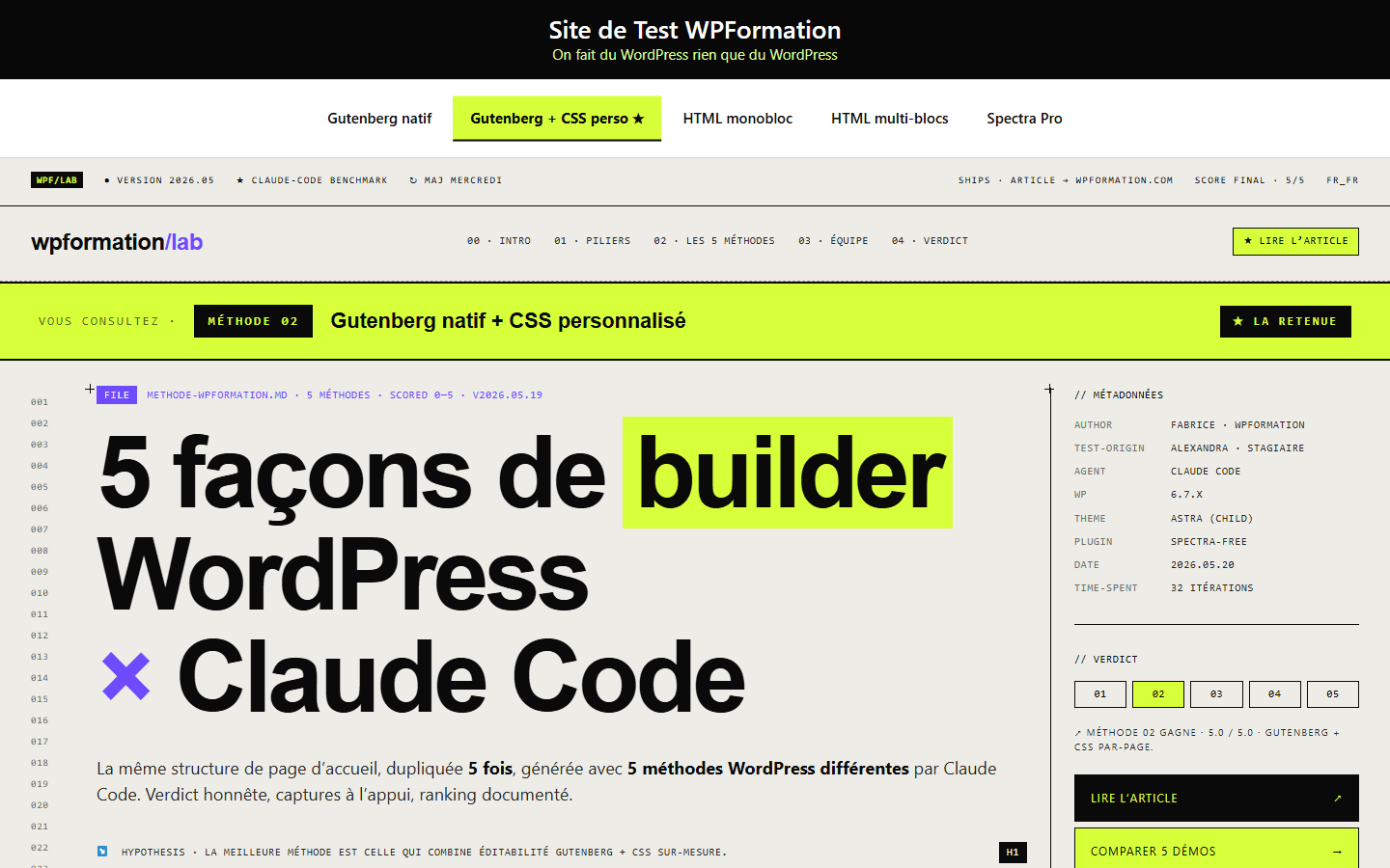 Methode 2 la gagnante : Gutenberg natif plus CSS personnalise scope page-level