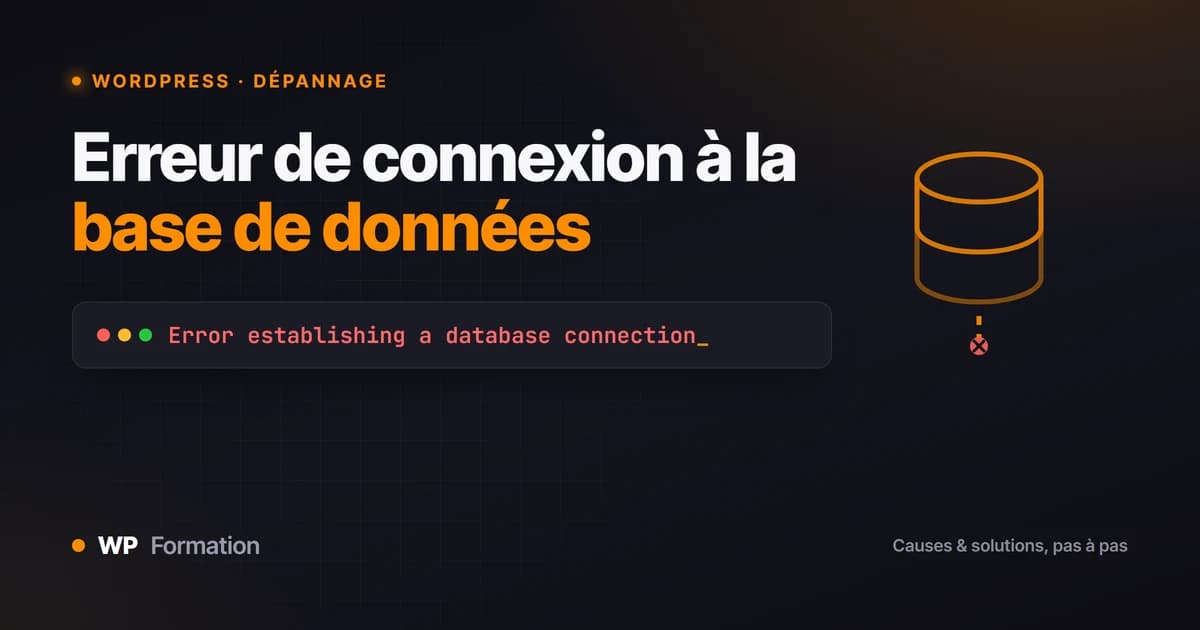 Erreur de connexion à la base de données WordPress : message d’erreur sur fond sombre et icône de base déconnectée