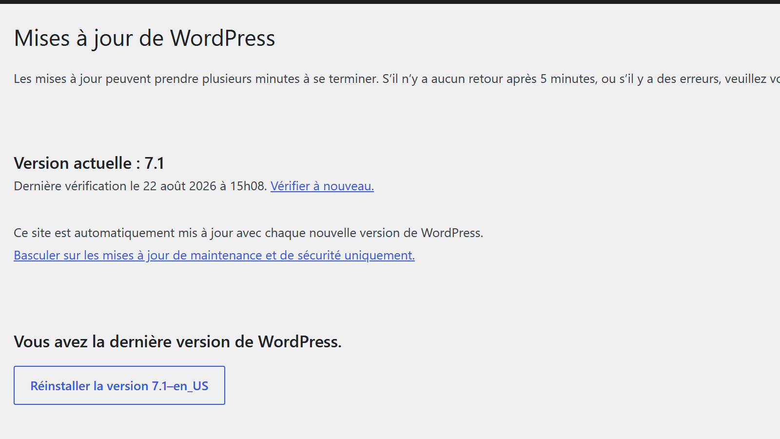 Écran des mises à jour de WordPress affichant "Version actuelle : 7.1"