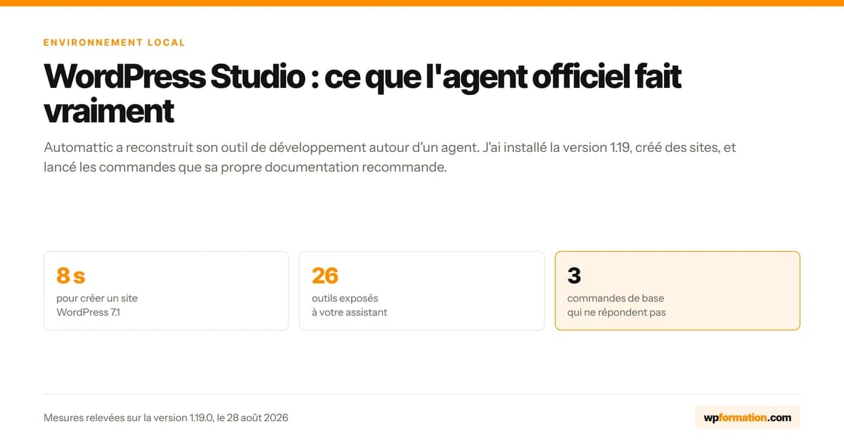 WordPress Studio 1.19 : 8 secondes pour créer un site, 26 outils exposés, 3 commandes de base qui échouent.