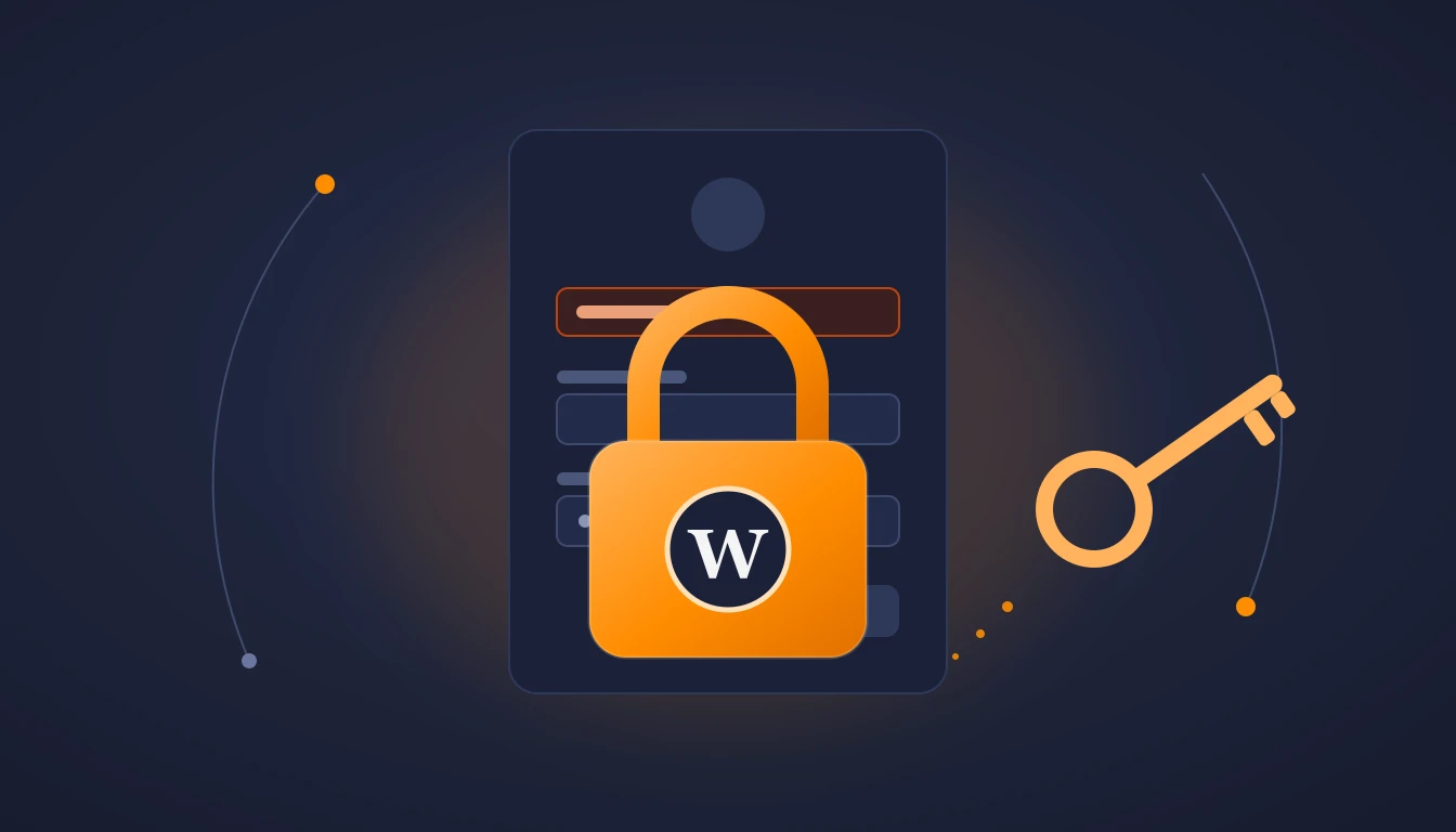 Page de connexion WordPress verrouillée par un cadenas orange, avec une clé qui arrive