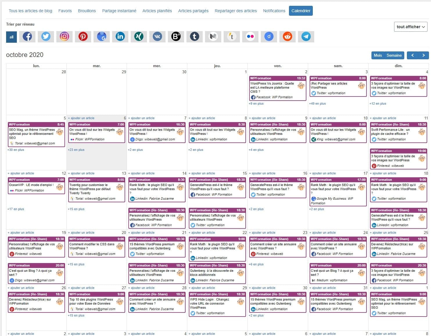 Calendrier Blog2social Wordpress