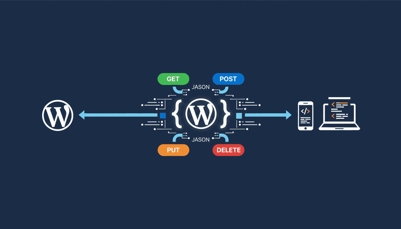 WordPress REST API : logo WordPress avec accolades JSON, methodes HTTP GET POST PUT DELETE, connexion mobile et laptop