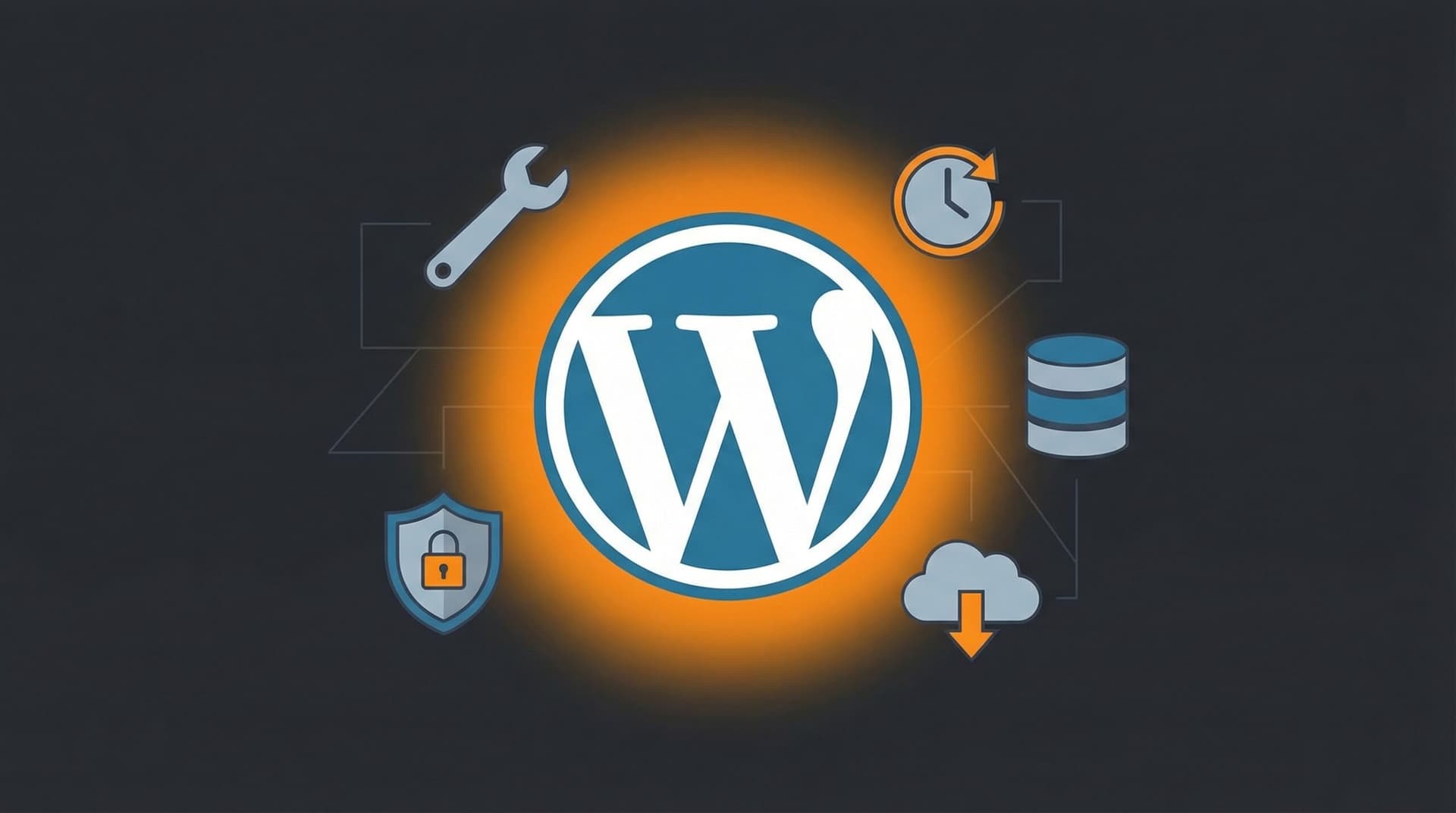 Illustration éditoriale : le logo WordPress solide comme un roc, entouré d'icônes de maintenance (clé, bouclier sécurité, horloge mises à jour, base de données, sauvegarde cloud)