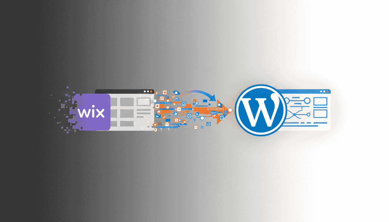 Illustration de la migration d'un site Wix vers WordPress avec flux de données entre les deux plateformes