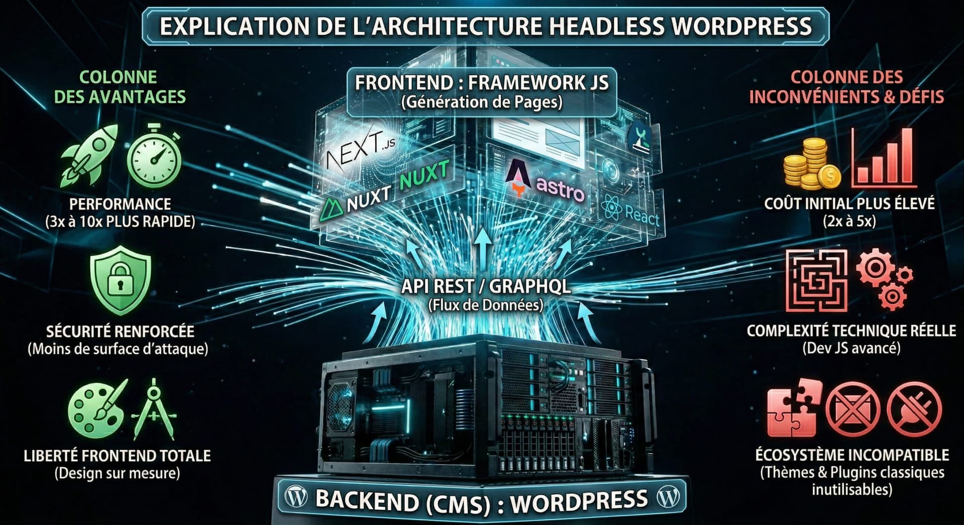 Infographie : architecture WordPress headless avec API REST et frameworks JavaScript