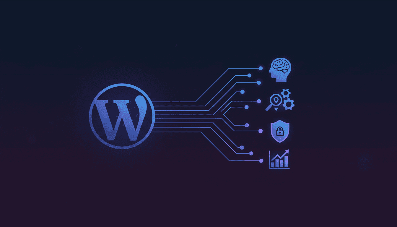 WordPress et intelligence artificielle en 2026 : icônes IA connectées au logo WordPress
