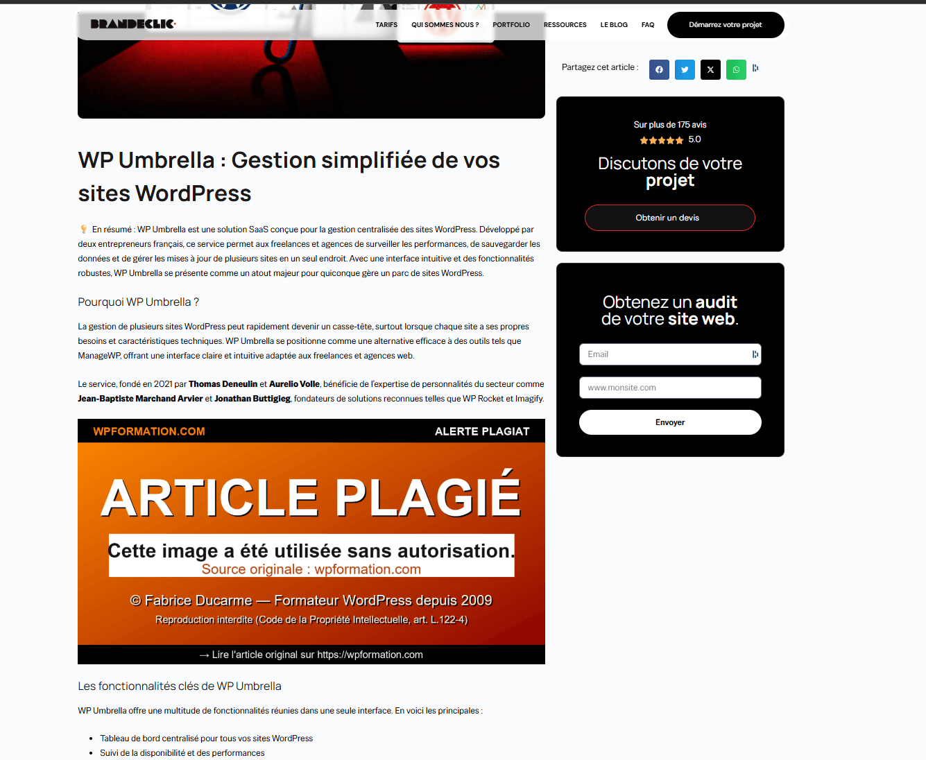 Article WP Umbrella sur Brandeclic affichant désormais l'image accusatrice ARTICLE PLAGIÉ servie par la protection anti-hotlinking de wpformation