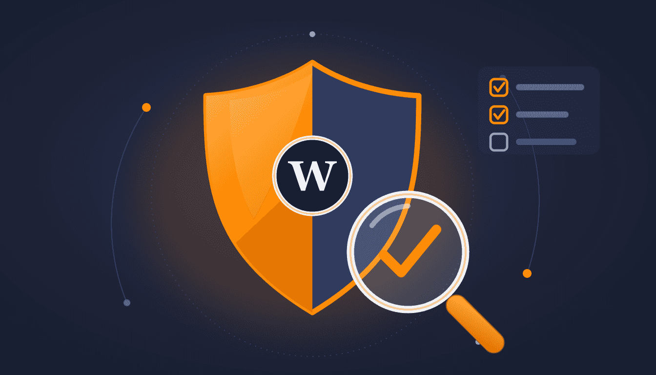 Audit de sécurité WordPress : bouclier inspecté à la loupe avec une checklist