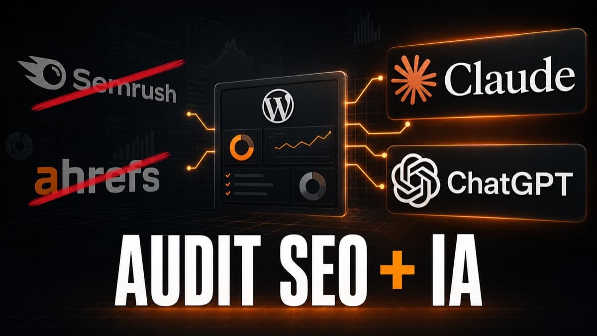 Logos Semrush et Ahrefs barrés, reliés à un tableau de bord WordPress connecté à Claude et ChatGPT, sous le titre Audit SEO + IA