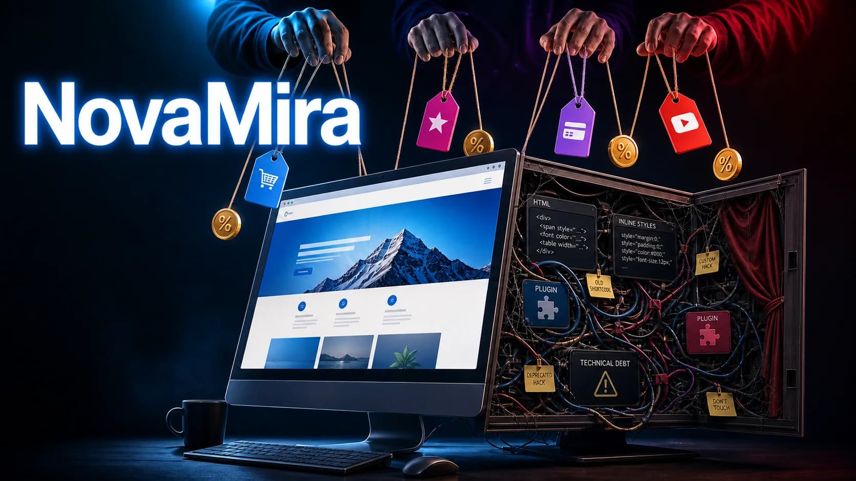 NovaMira devant un site WordPress qui cache des blocs HTML et de la dette technique