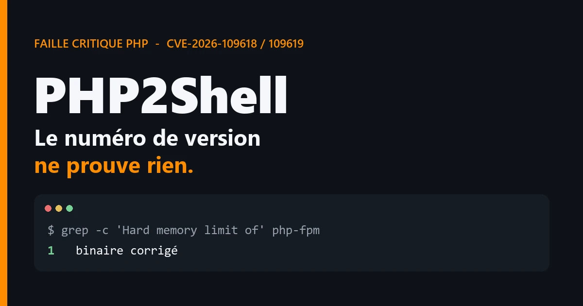 Illustration PHP2Shell : le numéro de version PHP ne prouve rien, la preuve est la commande grep du marqueur dans le binaire