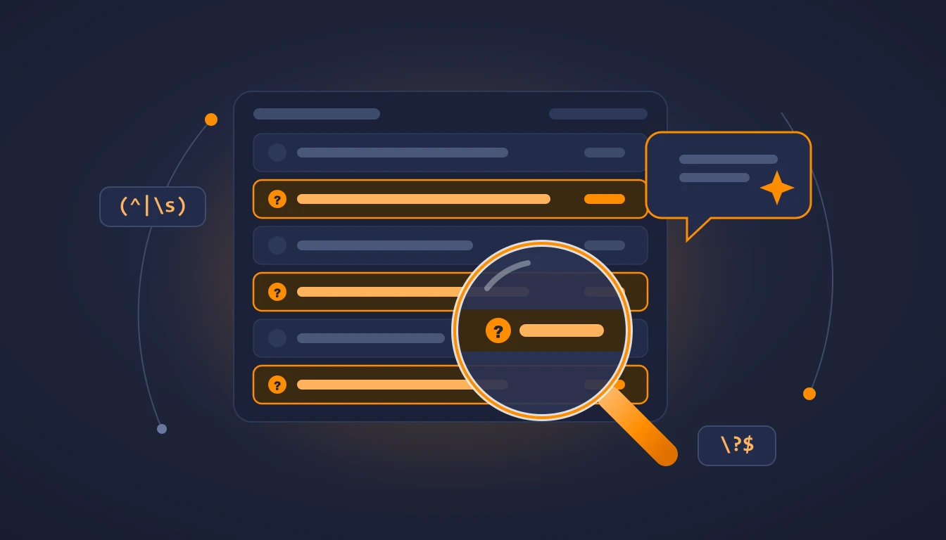 Tableau de requêtes façon Search Console dont une loupe isole les questions, à côté d'une bulle d'assistant IA
