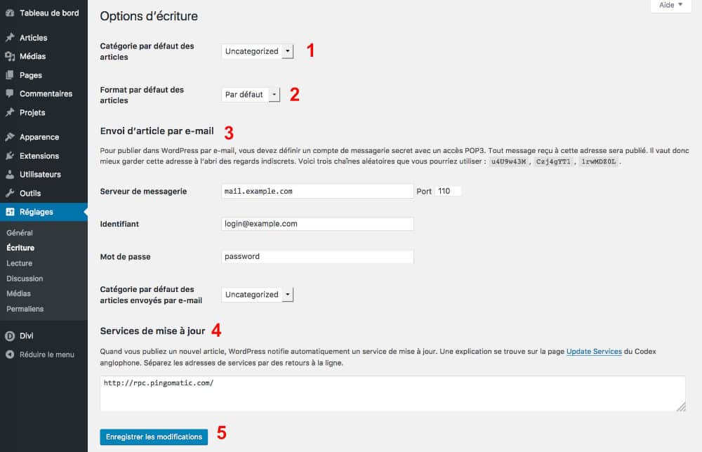 Les réglages de WordPress : onglet Écriture