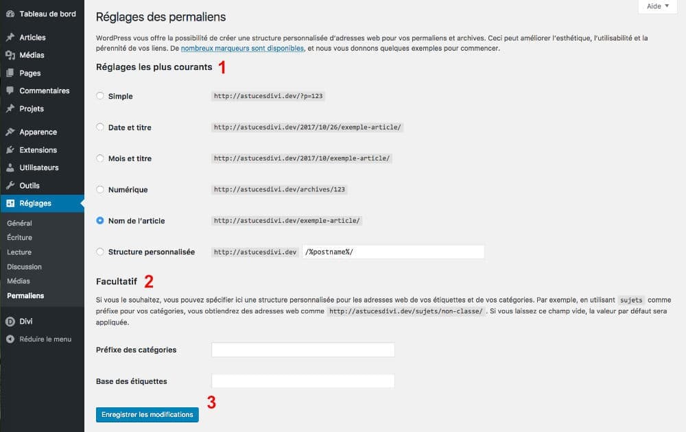Les réglages de WordPress : onglet Permaliens