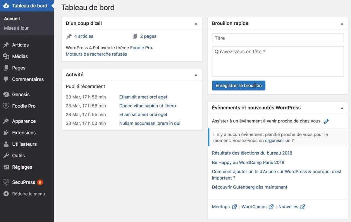Wix vs WordPress - Tableau de bord WP