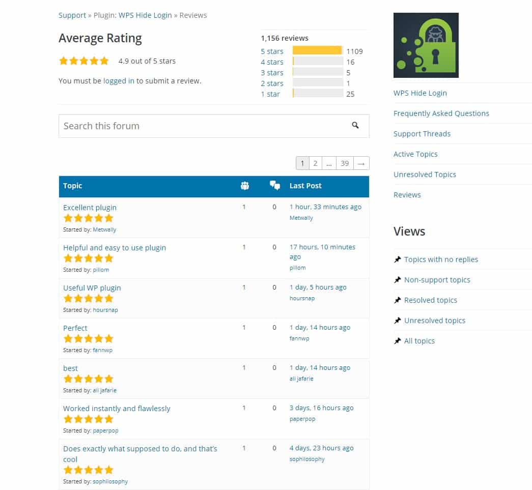Avis WPS Hide Login sur WordPress.org - 4.9 sur 5 étoiles