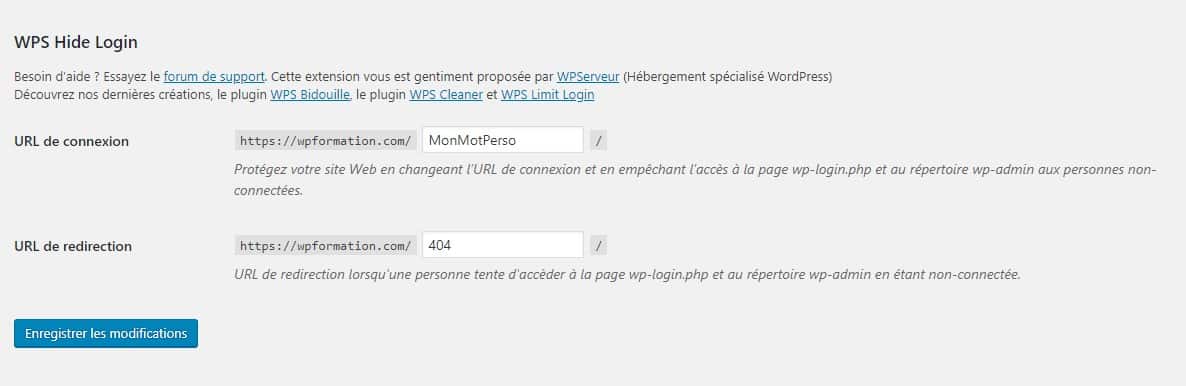 Réglages WPS Hide Login dans WordPress