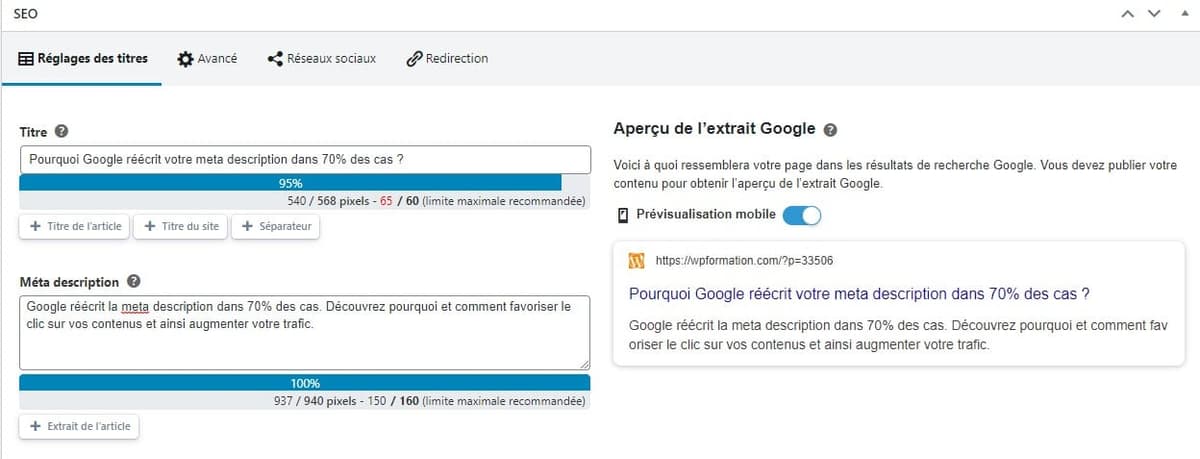 Reglages Meta Description Seo