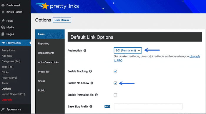Extension pretty links - tableau de bord