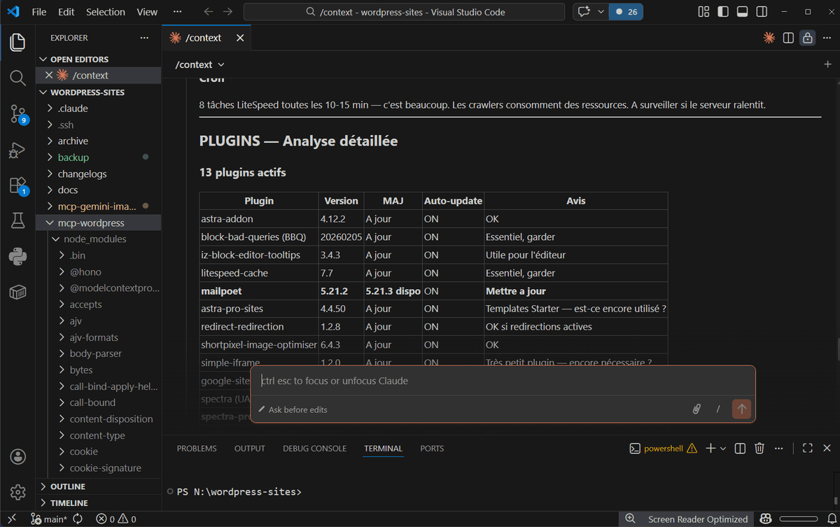 Visual Studio Code avec Claude Code connecté à WordPress via MCP