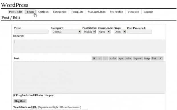 Dashboard de WordPress 0.71 en 2003 avec son interface minimaliste des débuts