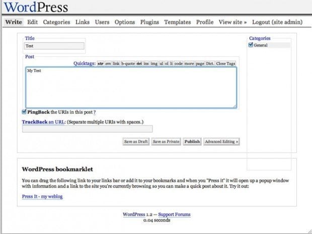 Dashboard WordPress 1.2 Mingus en 2004 première version avec architecture de plugins