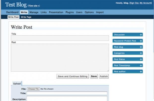Dashboard WordPress 2.0 Duke Ellington en 2005 avec éditeur visuel WYSIWYG