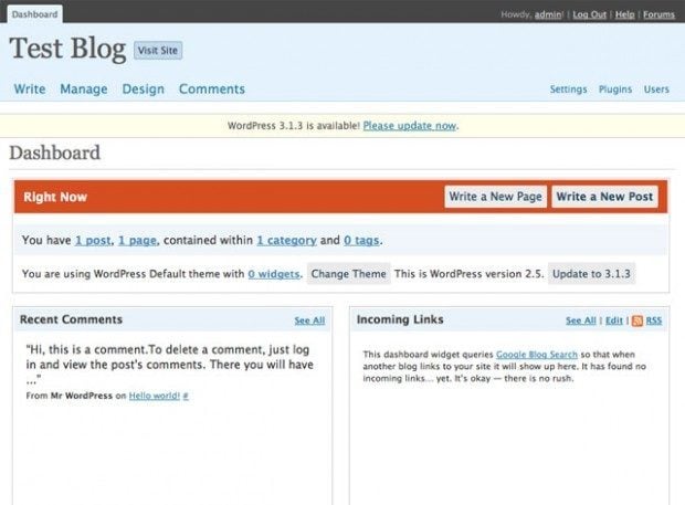 Dashboard WordPress 2.5 en 2008 redesign par Happy Cog