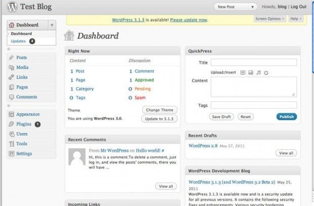 Dashboard WordPress 3.0 Thelonious en 2010 avec Custom Post Types et Multisite
