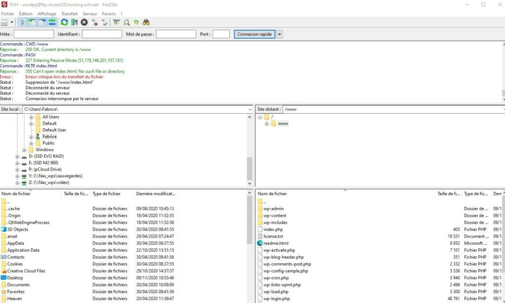 Envoi des fichiers WordPress sur le serveur avec FileZilla