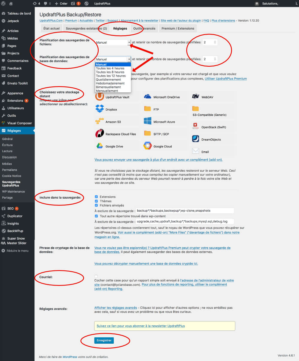Réglages UpdraftPlus