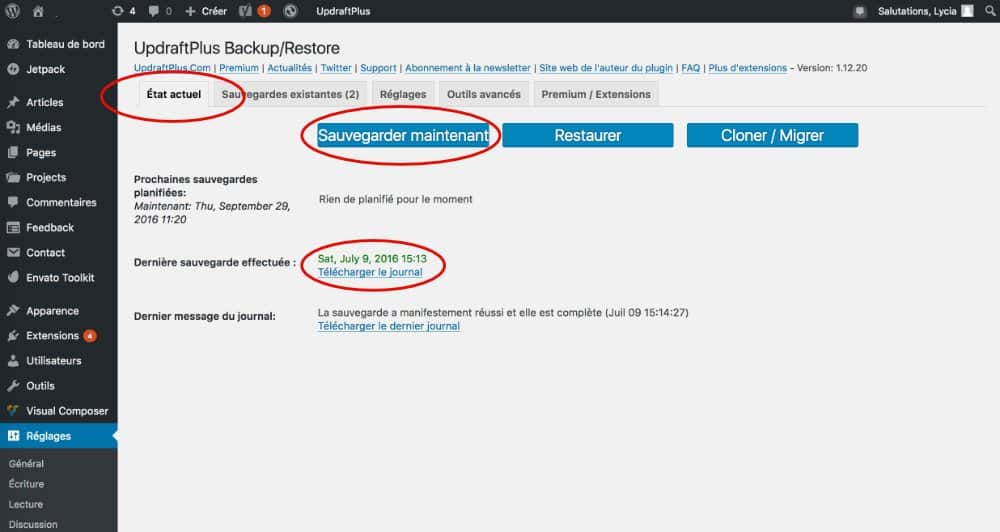 Lancer une sauvegarde avec UpdraftPlus
