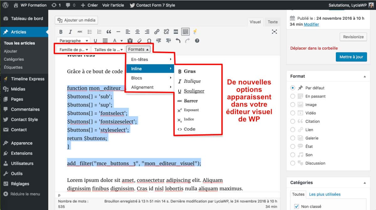 Editeur Visuel de WP modifié - Côté Admin
