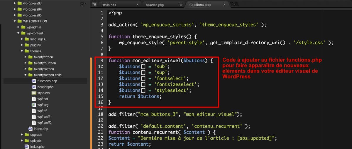 Editeur Visuel de WP modifié - Code PHP