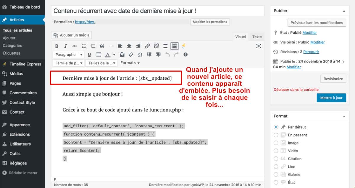 Contenu récurrent ajouté - Côté Admin