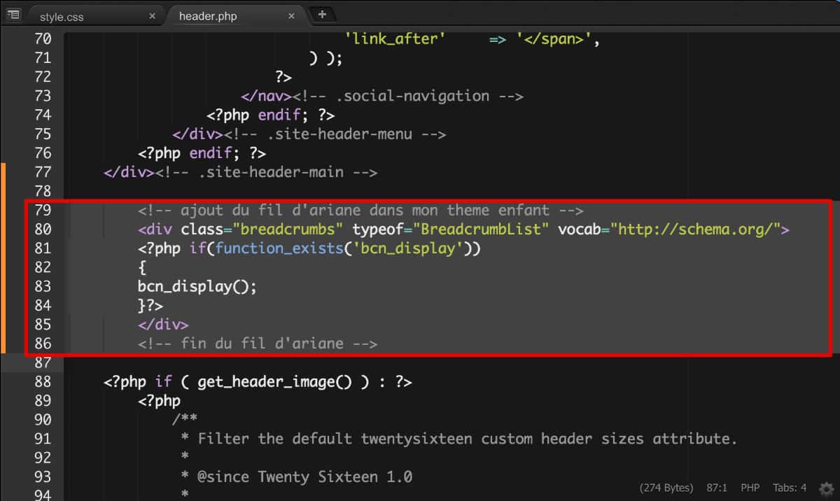 Breadcrumbs - Ajout de code PHP