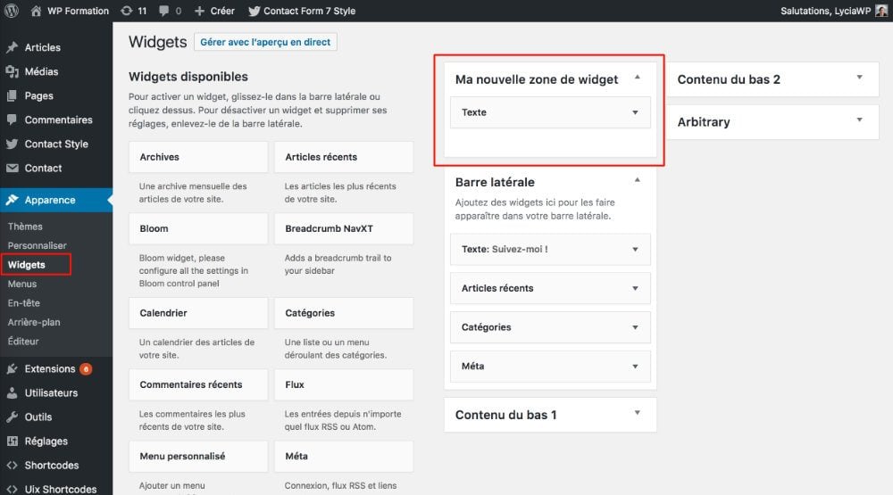 Apparition de la nouvelle zone de widget