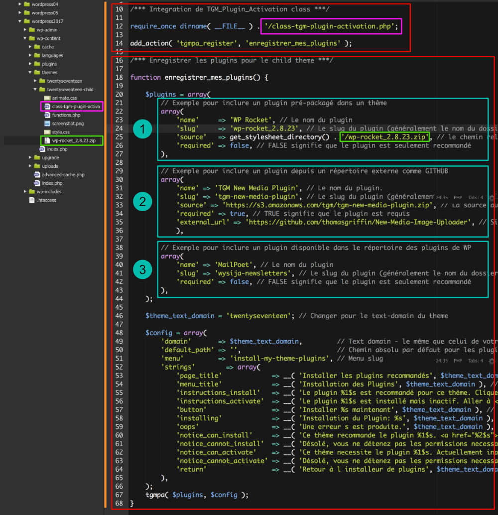 Code PHP pour le TGM Plugin Activation